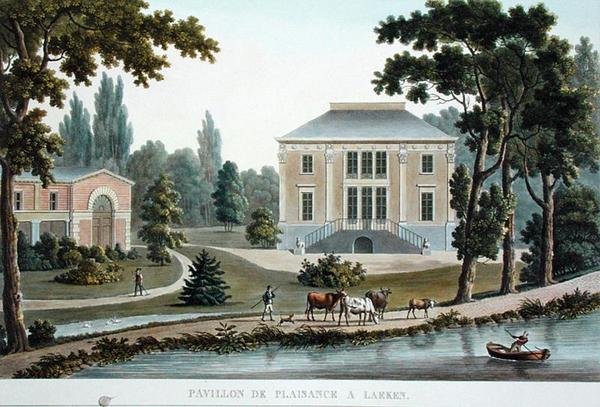 Laeken的Pavillon de Plaisance，出自Pierre Jacques Goetghebuer的《Choix des Monuments, Edifices et Maisons les plus remarquables du Royaume des Pays-Bas》，1827年出版（水印）。 作者 皮埃尔·雅克·格特赫布尔