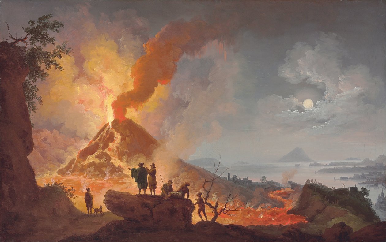 维苏威火山在黑夜中爆发，从阿特里奥·卡瓦洛（Atrio del Cavallo）看到，观众站在前台，可欣赏城市和那不勒斯湾的全景 作者 皮埃尔·雅克·沃尔莱尔