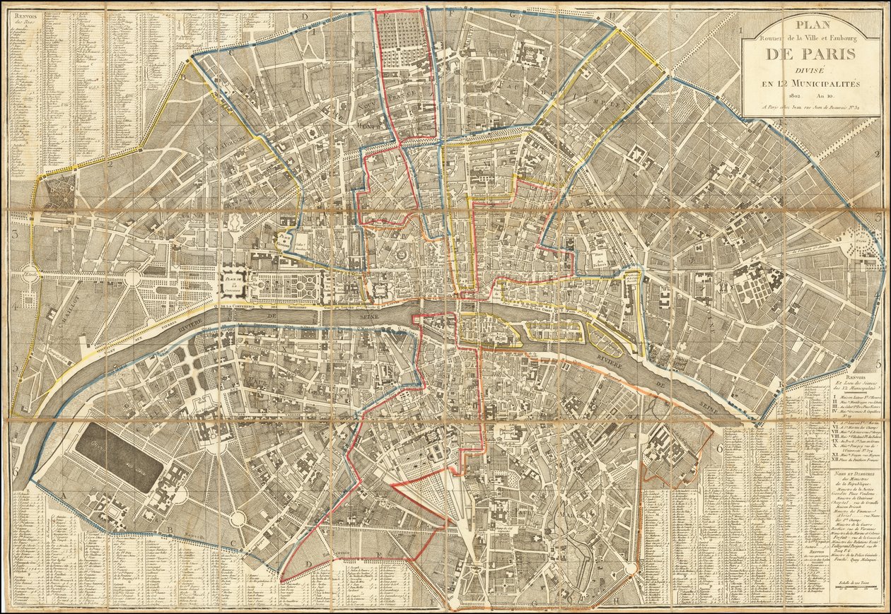 1802 年地图 - Plan Routier de la Ville et Faubourg de Paris（巴黎市区和街区平面图），分为 12 个市镇 作者 皮埃尔-让