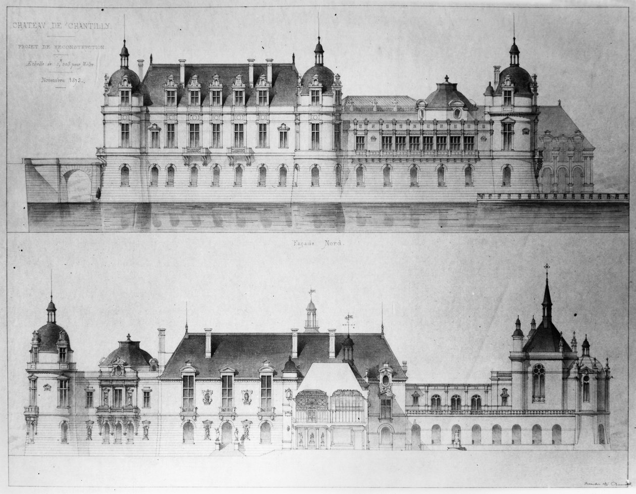 设计重建北立面和1875年尚蒂伊城堡的小城堡的立面（铅笔和纸上的wc）（bw照片） 作者 皮埃尔·杰罗姆·奥诺雷·多美