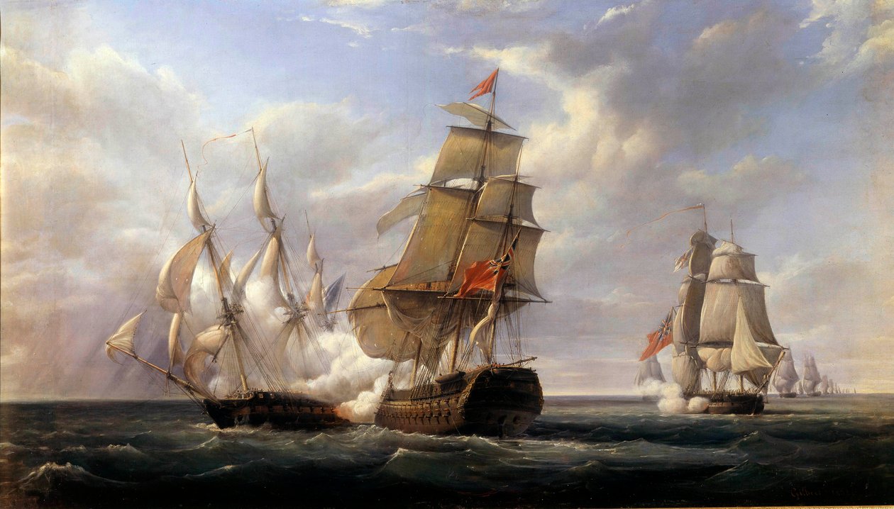 法国护卫舰 La Canonniere 之战”对抗英国船“Le Tremendous”“le 21/04/1806”” Pierre Gilbert (1783-1860) 绘画，1832 年 0,93x1,71 m 作者 皮埃尔·朱利安·吉尔伯特