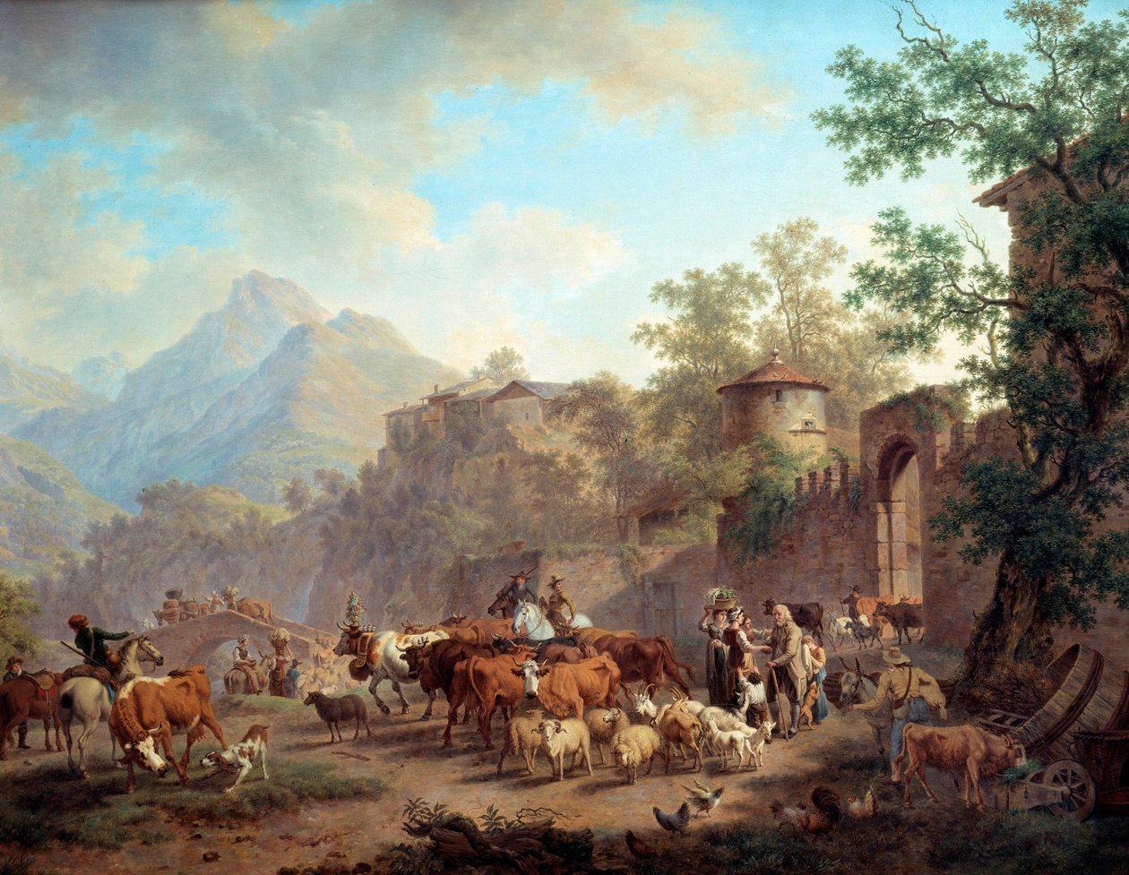 牛群出发前往山区 首次放牧。 皮埃尔·路易斯·拉里夫 (de la Rive) Godefroy (1735-1817) 的绘画，1813 年日内瓦艺术与历史博物馆 作者 皮埃尔·路易斯·德拉里夫