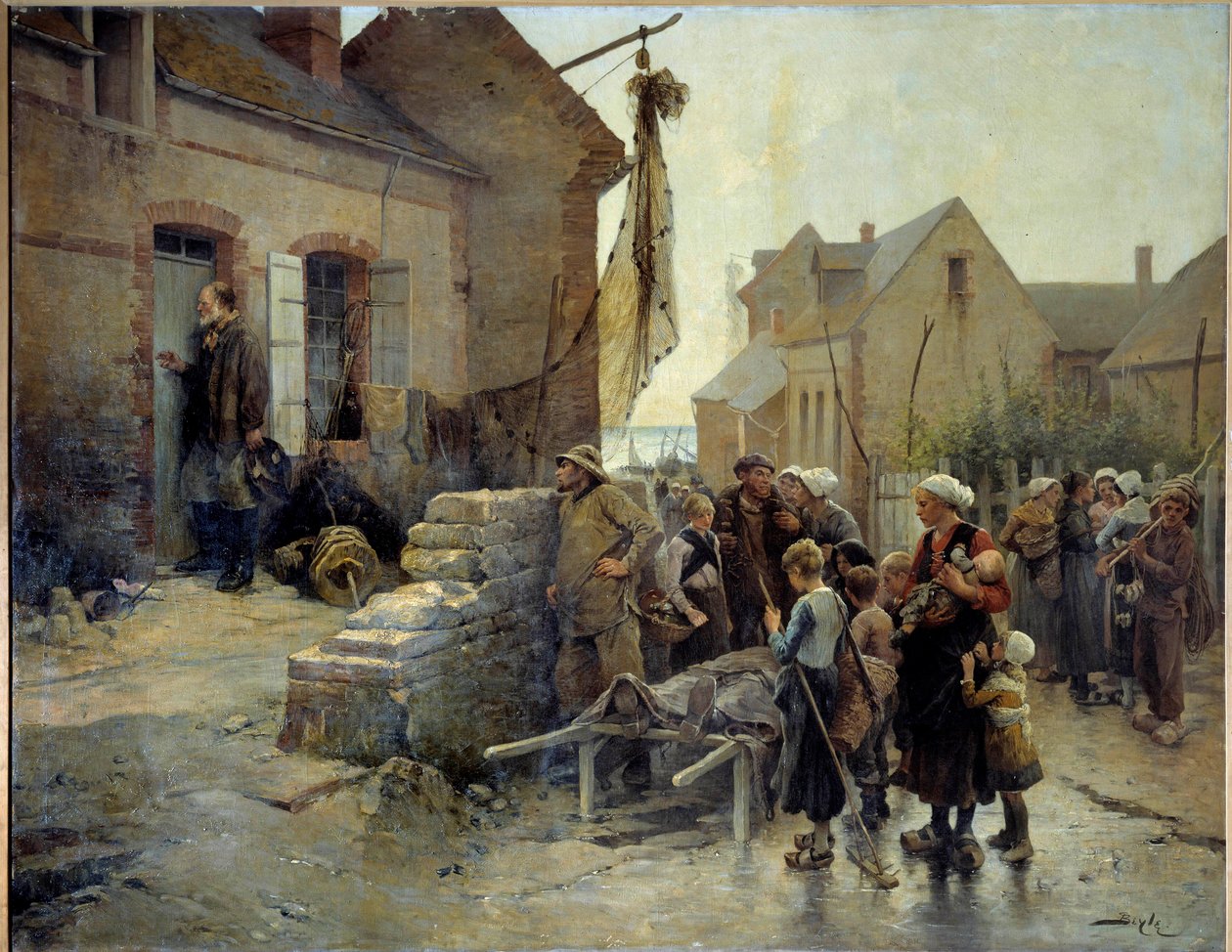 Return from the Tempete A sailor knocks at the door of a woman of a sinner who died in a tempete to tell her the news. Painting by Pierre Marie Beyle (1838-1902) 19th century Fecamp, Museum of the Newfoundland 作者 皮埃尔·玛丽·贝伊尔