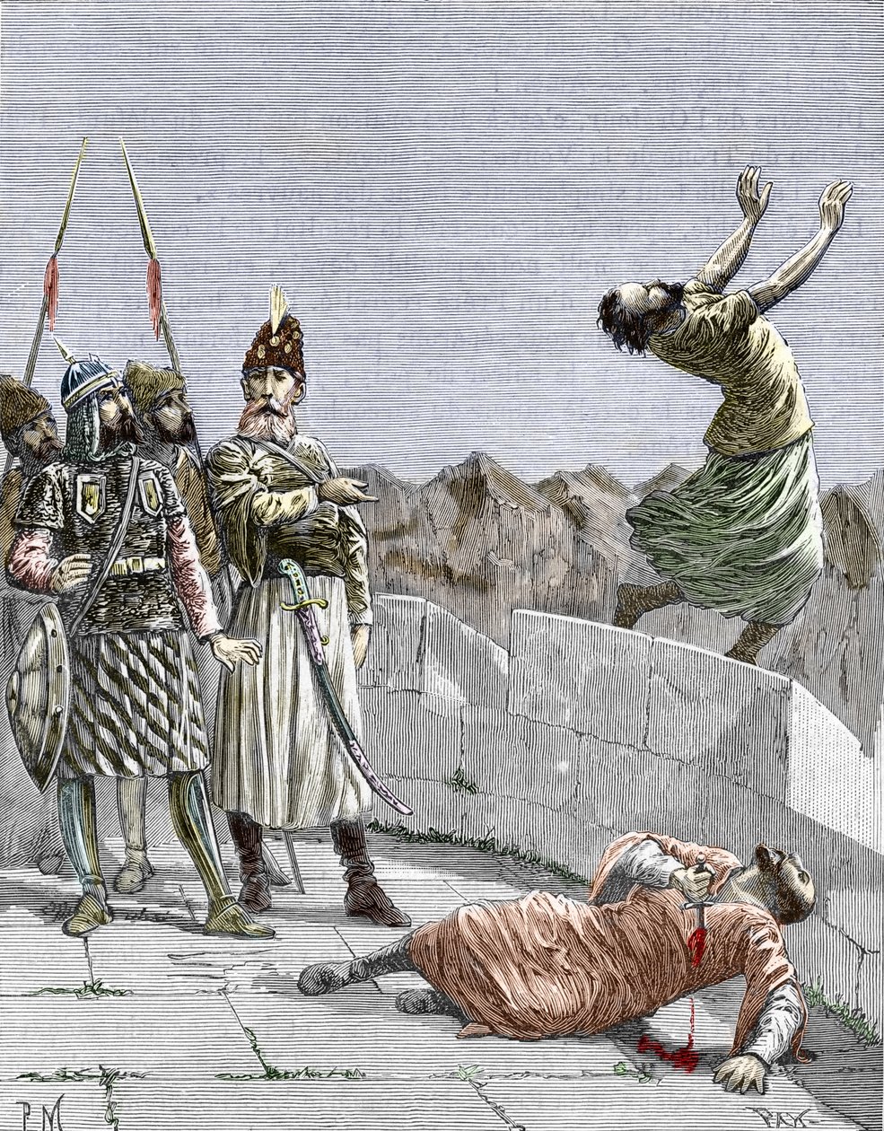 东方的伊斯玛仪教派或由哈桑·伊本·萨巴赫（Hassan ibn al-Sabbah，1036-1124 年）创立的杀人犯，他被称为山中老人，”1096 年左右，他命令他的两名狂热追随者在波斯阿拉穆特自杀”（尼扎里 伊斯玛仪派：哈桑的代表 作者 皮埃尔·梅亚内尔