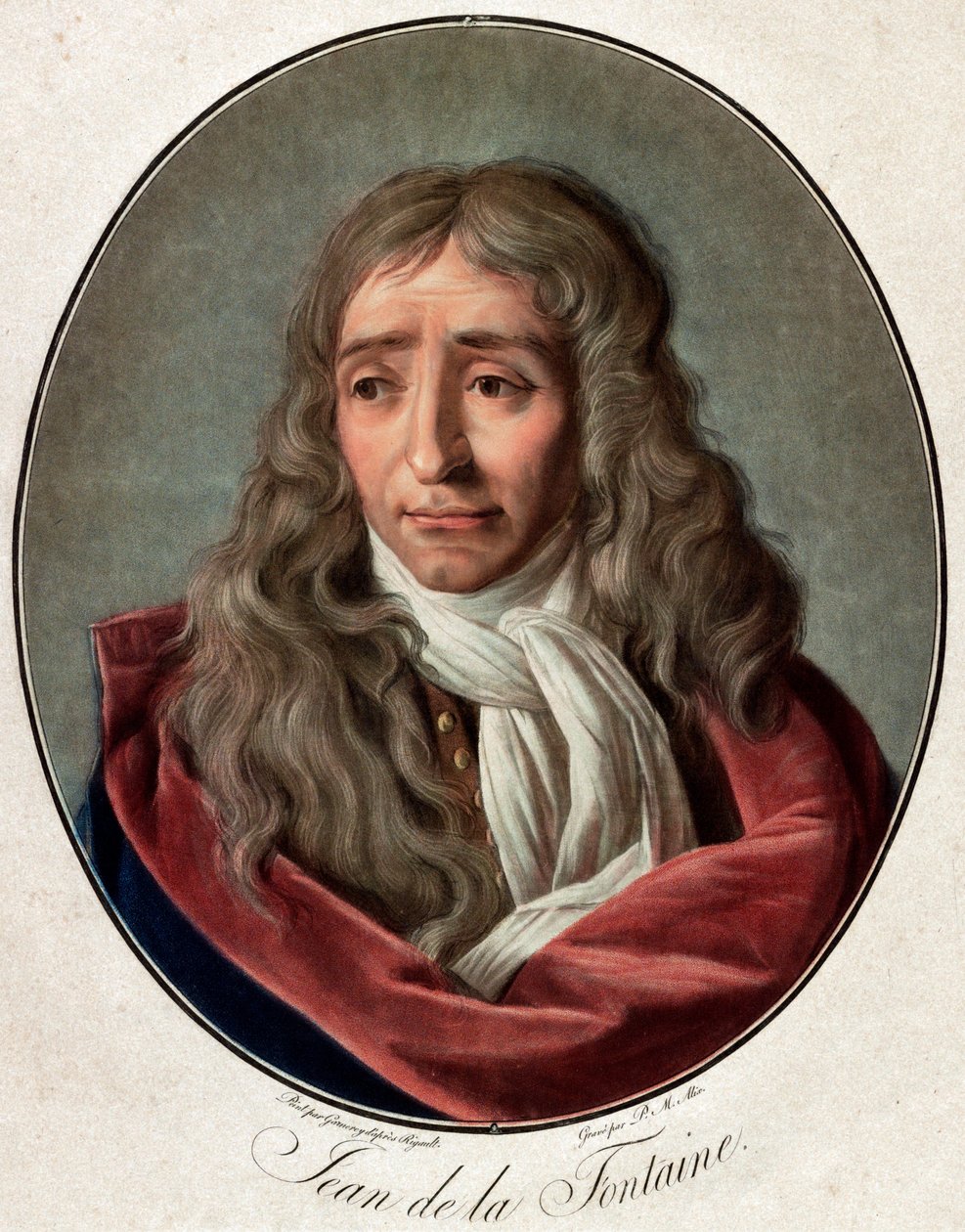 让-德-拉封丹(Lafontaine)(1621-1695)的肖像，法国诗人皮埃尔-米歇尔-阿里克斯(1762-1817)的版画，安布罗伊斯-路易斯-加内雷(1783-1857)的作品。 作者 皮埃尔·米歇尔·阿利克斯