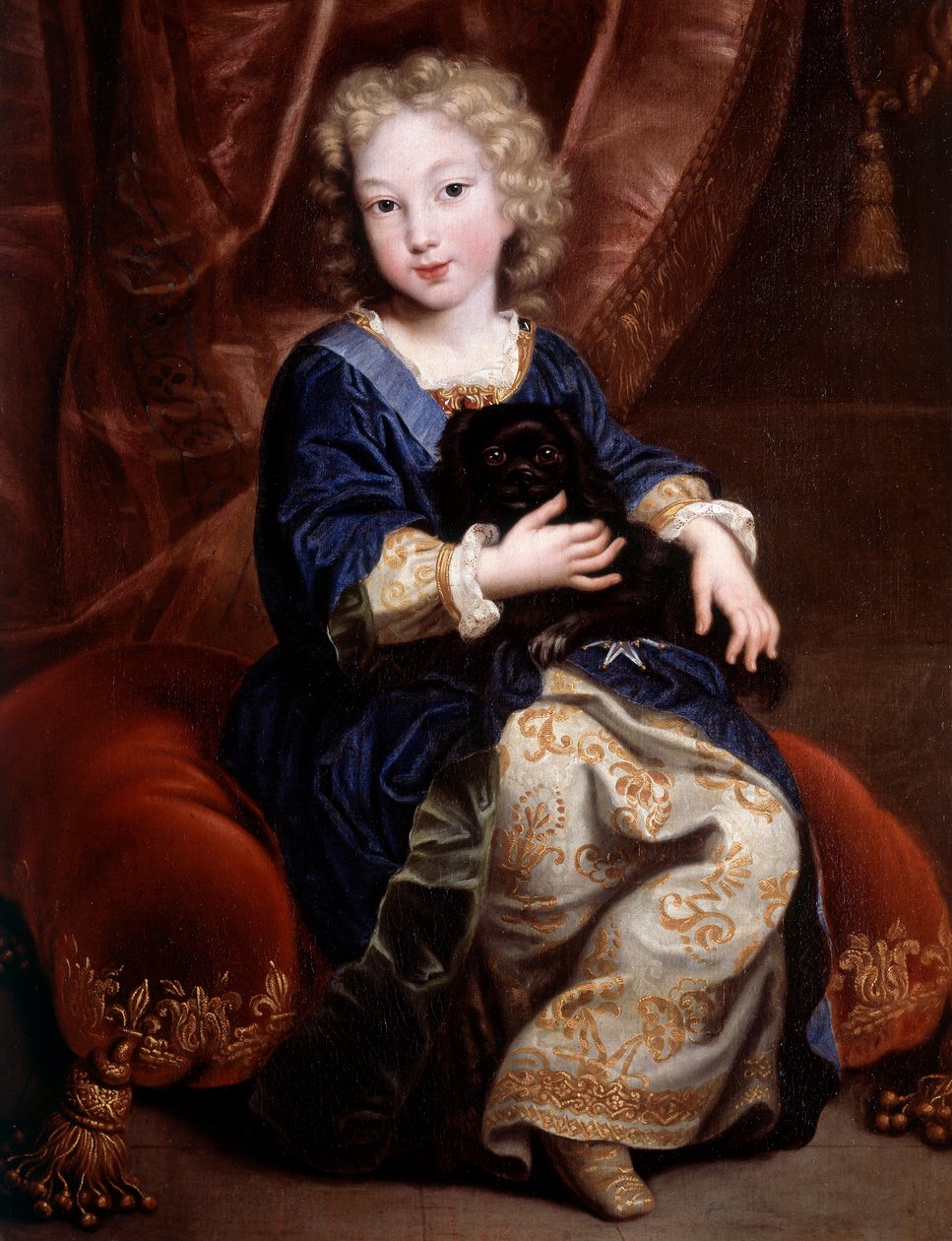 法国安茹公爵菲利普（1683-1746）（未来的西班牙菲利普五世）的画像，描绘了孩子和他的黑狗的样子 皮埃尔-米尼亚尔（1612-1695）的画作 作者 皮埃尔·米尼亚德