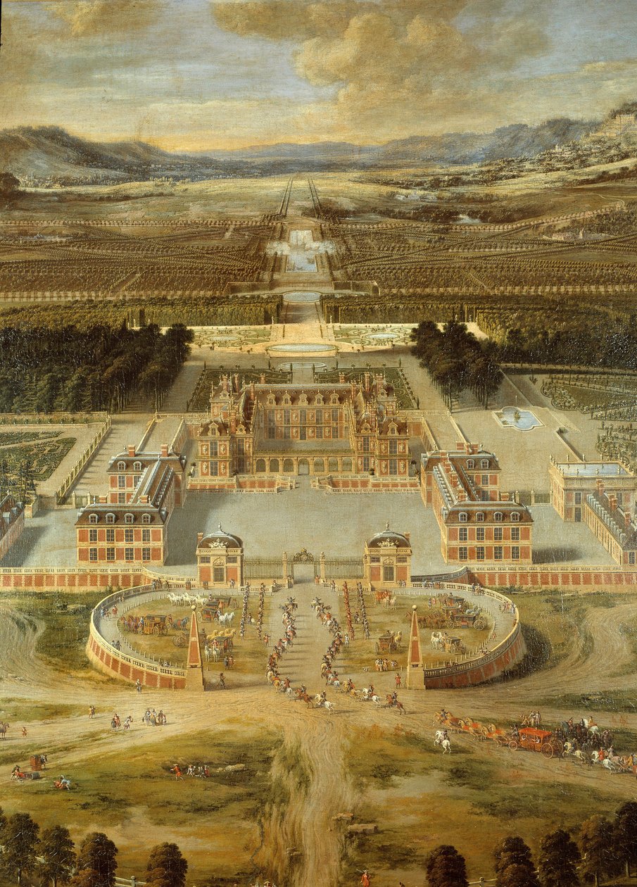 凡尔赛城堡的庭院的看法，在1668年采取从大道de巴黎。详细资料。父亲皮埃尔·帕特尔（Pierre Patel）的绘画 作者 皮埃尔·帕特尔斯