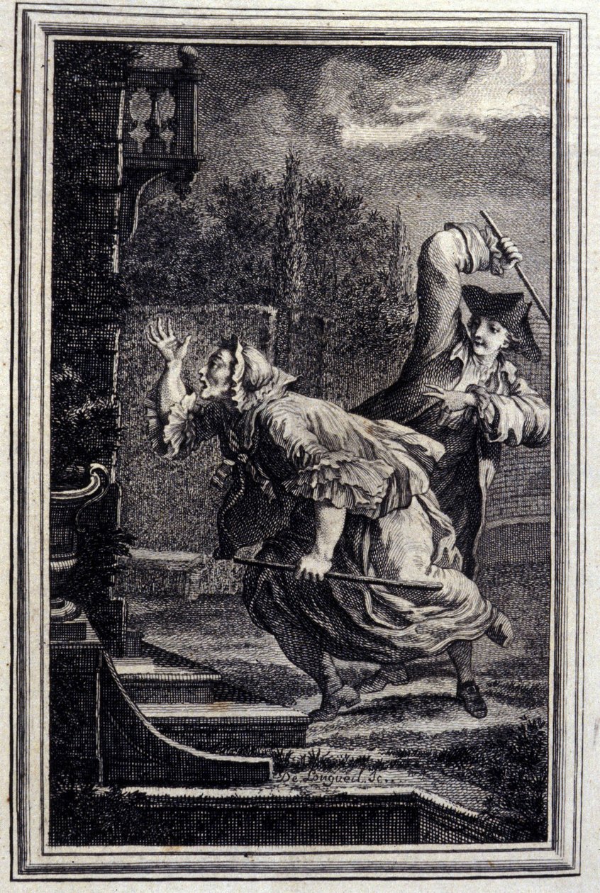 Le Cucku, beaten, et content --载于让-拉封丹的 "诗歌中的故事和短篇小说"。1776.插图：P.P. Choffard。 作者 皮埃尔·菲利普·肖法尔