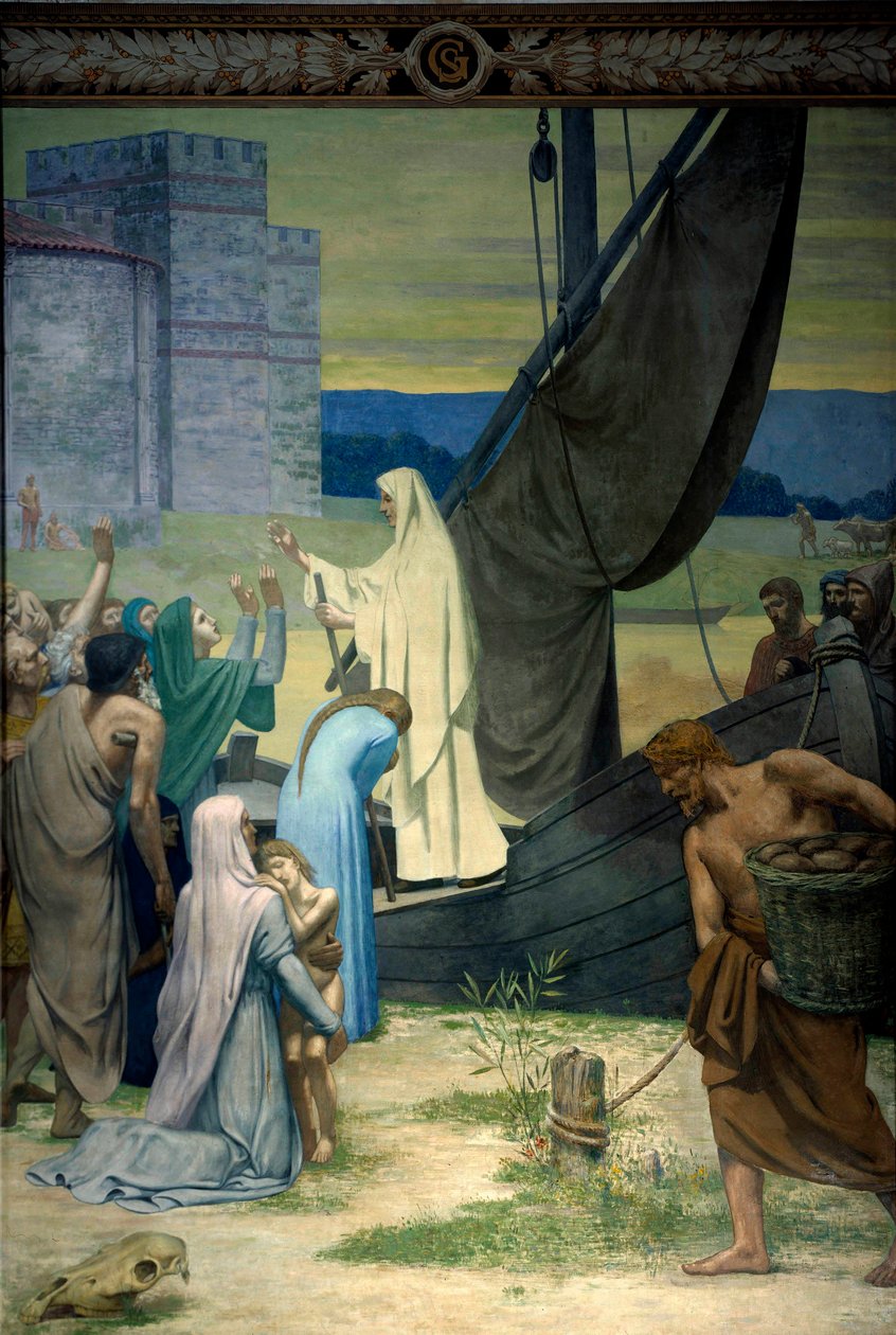 Sainte Genevieve 为被匈奴国王阿提拉军队包围的巴黎人提供补给。 Pierre Puvis De Chavannes (1824-1898) 19 世纪巴黎的壁画。 万神殿 作者 皮埃尔·普维斯·德·沙瓦纳