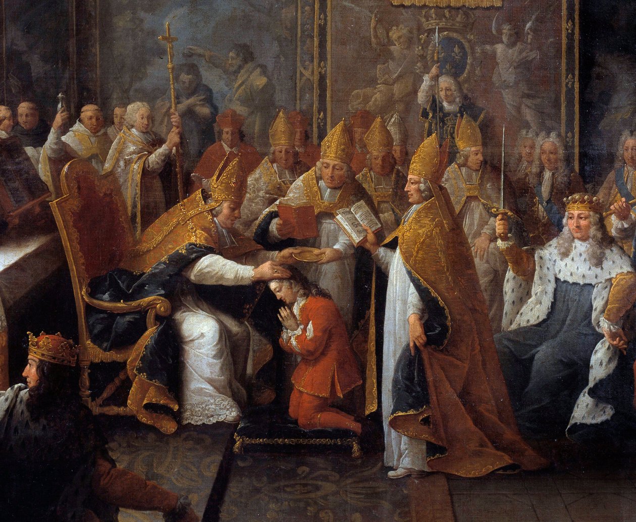 The coronation of Louis XV King Louis XV (1710-1774) was crown and sacred on 25/10/1722 in the cathedrale of Reims by the Archeveque of Reims in the presence of the Regent, the Duke of Orleans (1674-1723) and a large crowd. Detail of Painting by Pierre Sub 作者 皮埃尔·苏伯莱拉斯