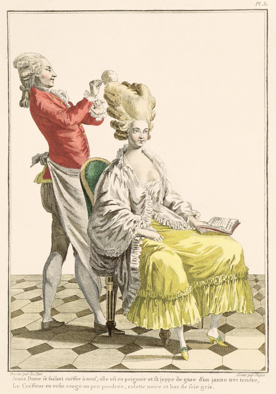 一个年轻女子在她的美发师Peignoir，来自&39;Galerie des Modes et Costumes Francais&39;的板31，由杜宾雕刻，1778年 作者 皮埃尔·托马斯·勒克莱尔