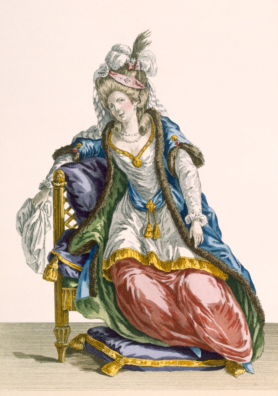 Lady&39;Habit a la Sultan&39;，由Patas雕刻，来自&39;Galeries des Modes et Costumes Francais&39;的第107号板块，c.1778-87 99：衣服;传统服饰;传统服饰;时尚;一世 作者 皮埃尔·托马斯·勒克莱尔