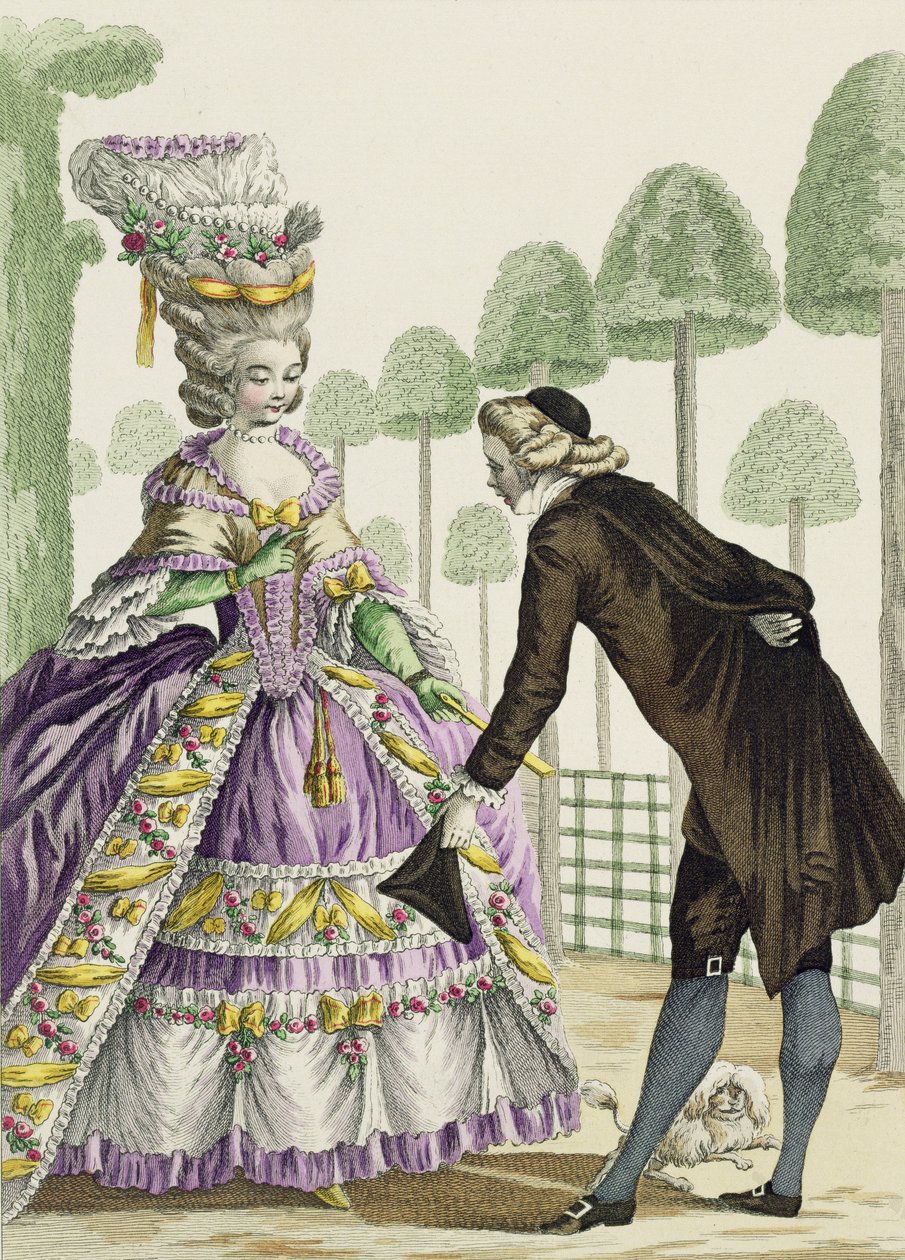 穿着淡紫色连衣裙的女士在皇宫（Palais Royal）的花园散步，来自&39;Galerie des Modes et Costumes Francais&39;的13号板，由Etienne Claude Voysard（1746-1812）雕刻1778 作者 皮埃尔·托马斯·勒克莱尔