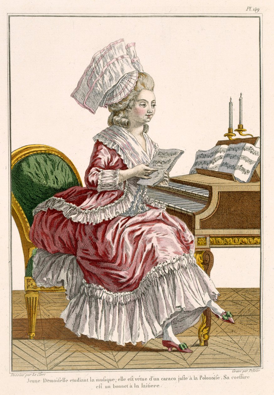 年轻女子在她的大键琴学习音乐，来自&39;Galerie des Modes et Costumes Francais&39;的149号板，由J. Pelicier雕刻，1778年 作者 皮埃尔·托马斯·勒克莱尔