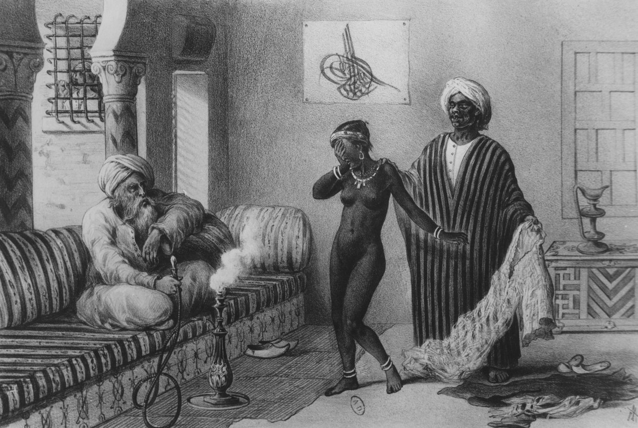 1854年，一名来自提姆布克图的年轻女孩在的黎波里被一位奴隶主提供，摘自“ Aufique Septentrionale”的“ Voyages au Soudan et dans L”，刻于1850年。 作者 皮埃尔·特莫
