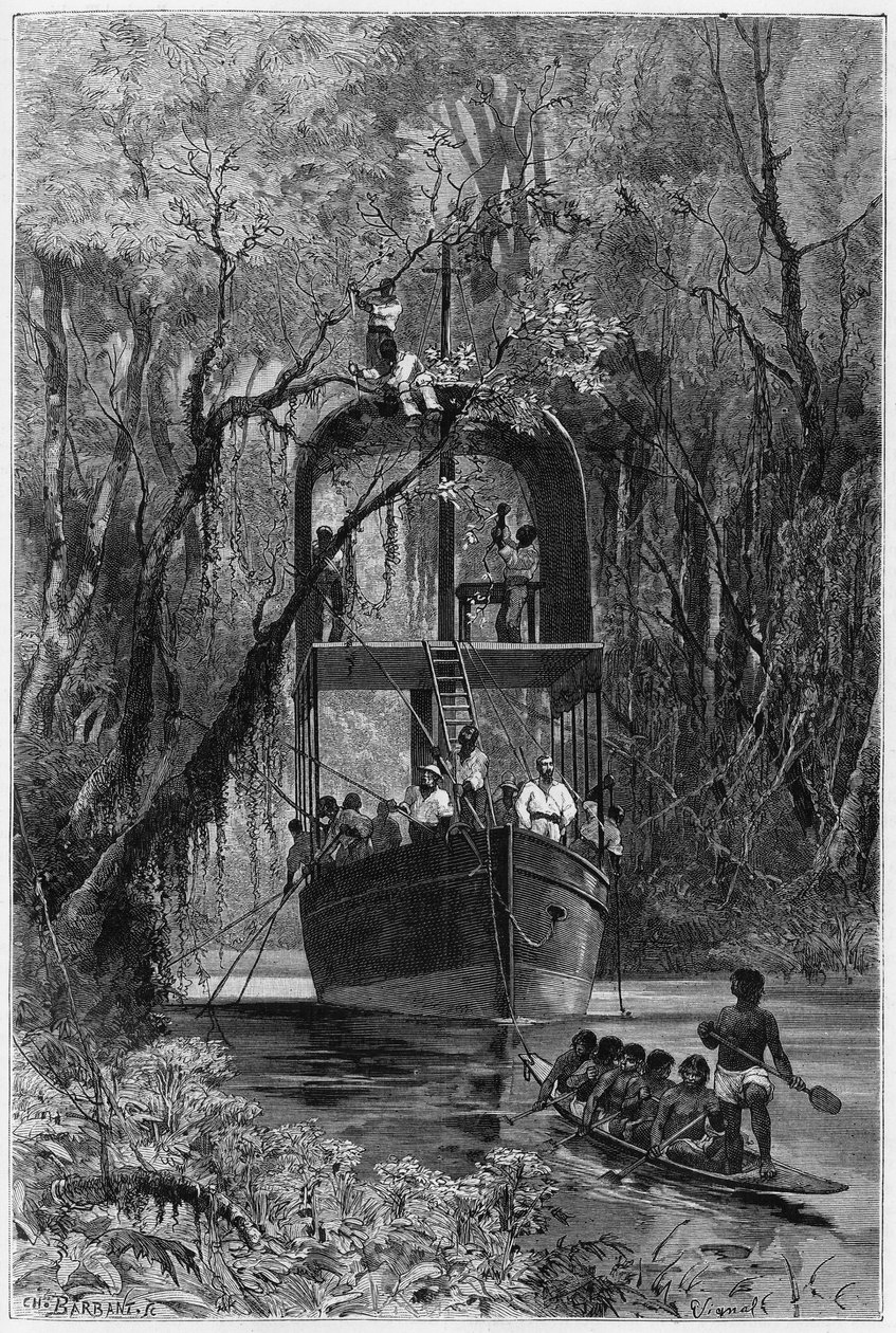 A flooring boat, borrowed by the explorer, to descend the upper Samiria (Peru). Engraving by Vignal, to illustrate the story “Amazon and Cordilleres”” 作者 皮埃尔·维格纳尔