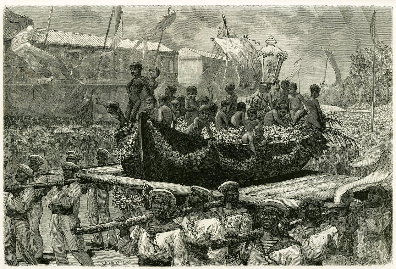 The procession of the Cirio on the eve of All Saints, religious and popular, the image of the Virgin is transported throughout the city on the canoe of a ship that disappeared in 1793, which the survivors offered ex-voto the Miraculous Virgin. Engraving by 作者 皮埃尔·维格纳尔