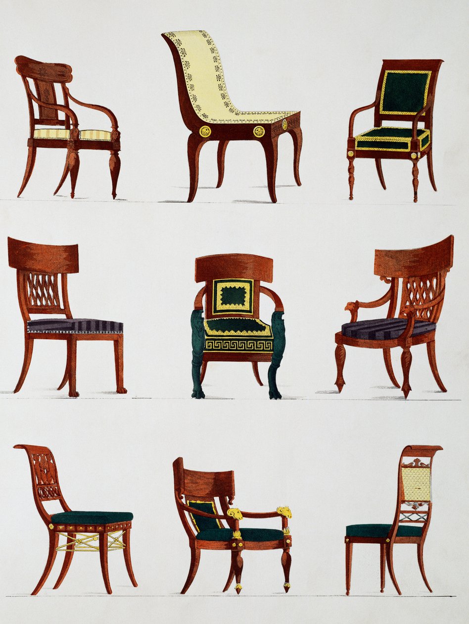 扶手椅和椅子，领事馆时代，插图来自《家具和品味物品集》（Collection de meubles et objects de gout）。 作者 皮埃尔·德拉·迈桑格