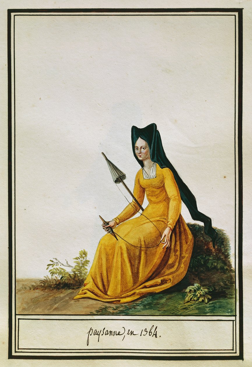 法国女农民纺纱，皮埃尔-安托万-勒布-德-拉梅桑格尔（1761-1831）的作品，水彩。 作者 皮埃尔·德拉·迈桑格