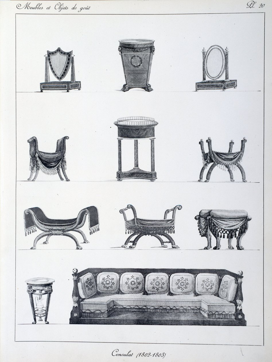 时期领事馆的家具（1802-1803）。 来自 Pierre de la Mesangere（1761-1831 年）的“家具和品味物品收藏”系列中的盘子。 巴黎。 装饰艺术 作者 皮埃尔·德拉·迈桑格
