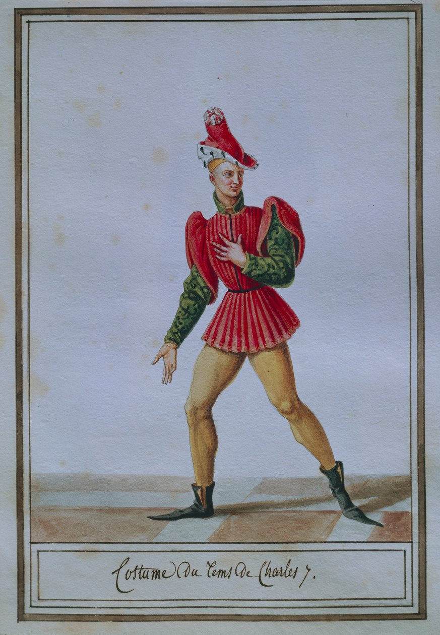 描绘查理七世（1403-1461）时期服装的男士时装板，由皮埃尔-安托万-勒布-德-拉梅桑格尔（1761-1831）绘制，水彩。 作者 皮埃尔·德拉·迈桑格