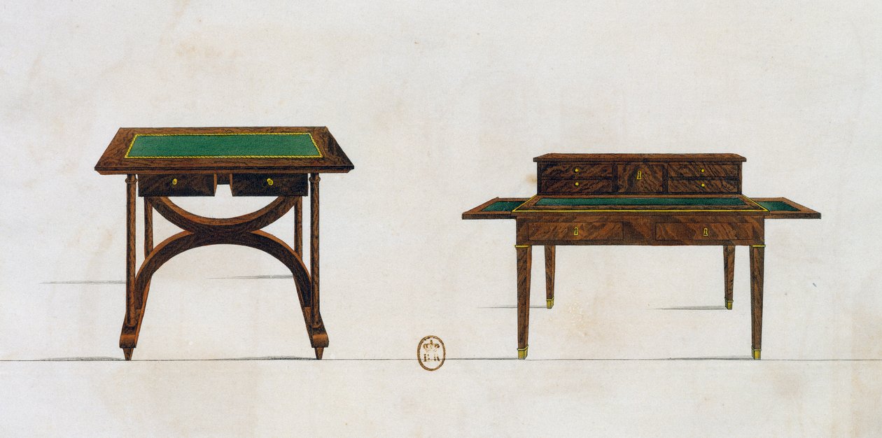 写字桌和写字台，图版436，插图来自《家具和品味物品收藏》（Collection de meubles et objects de gout）。 作者 皮埃尔·德拉·迈桑格