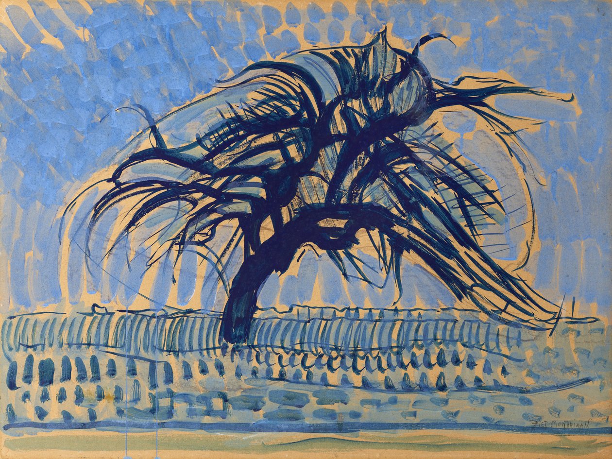 苹果树蓝色，1908-09（纸板上的蛋彩画） 作者 彼得·蒙德里安