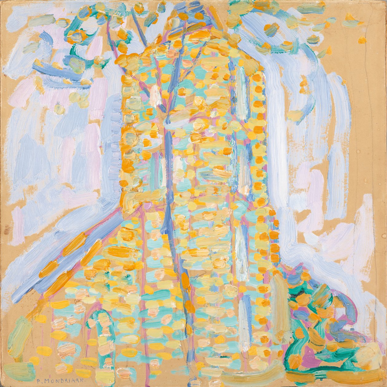 Domburg教堂与树，1909年（纸板上的油） 作者 彼得·蒙德里安