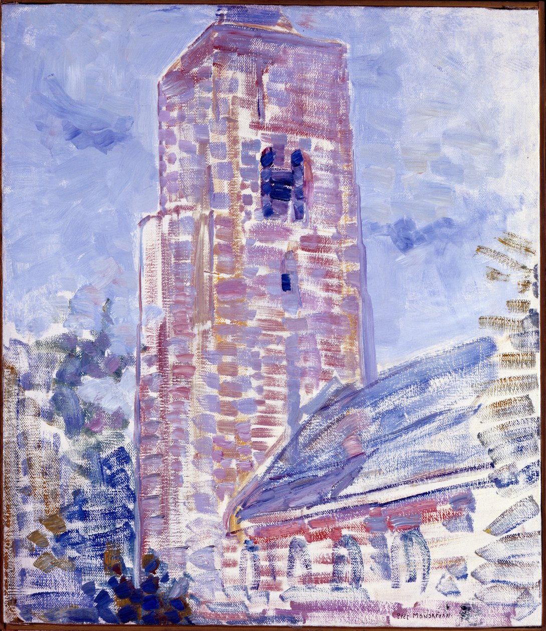 教堂在Oostkapelle，教堂中殿和塔，1909年 作者 彼得·蒙德里安