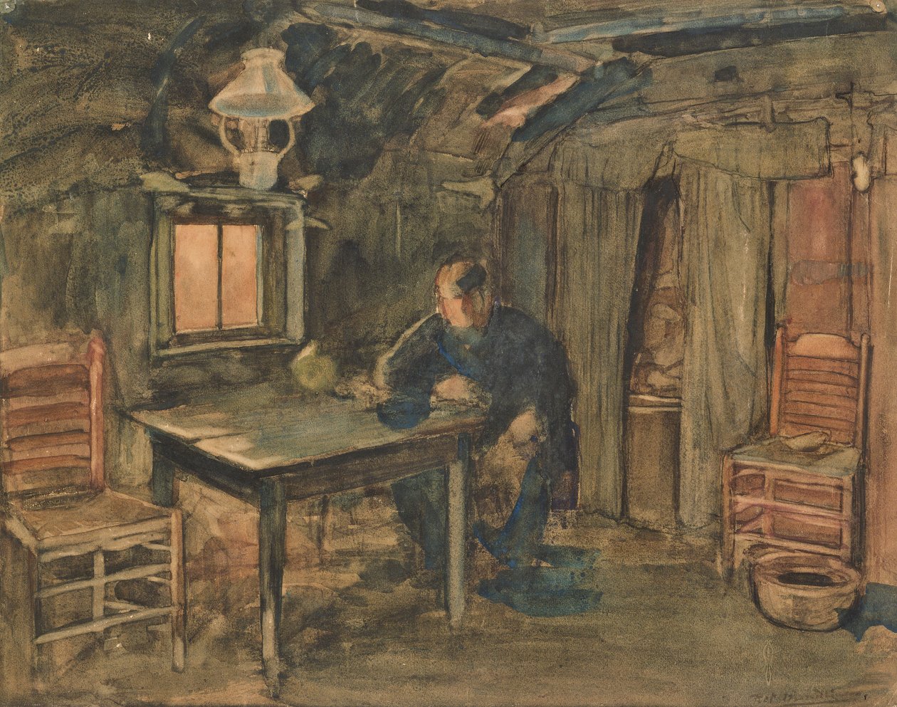 Hannes Van Nistelrode坐在他的农舍里，1904年（纸上写着） 作者 彼得·蒙德里安