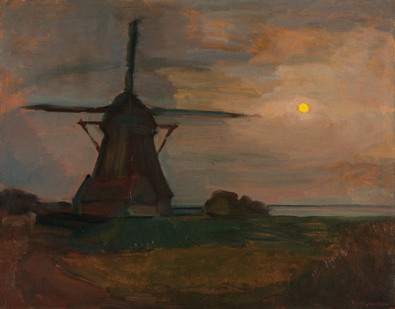 Oostzijdse Mill in Moonlight，c.1907 作者 彼得·蒙德里安