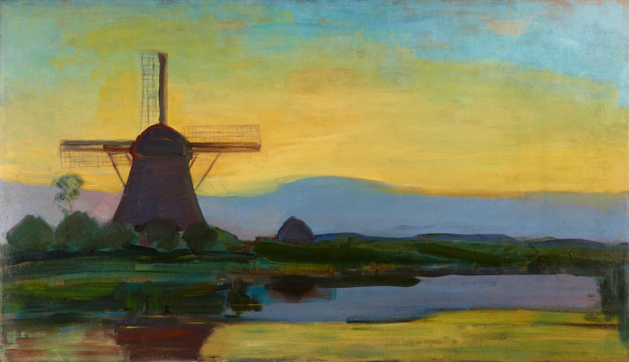 Oostzijdse磨坊有扩展的蓝色，黄色和紫色天空，c.1907- 1908年初 作者 彼得·蒙德里安