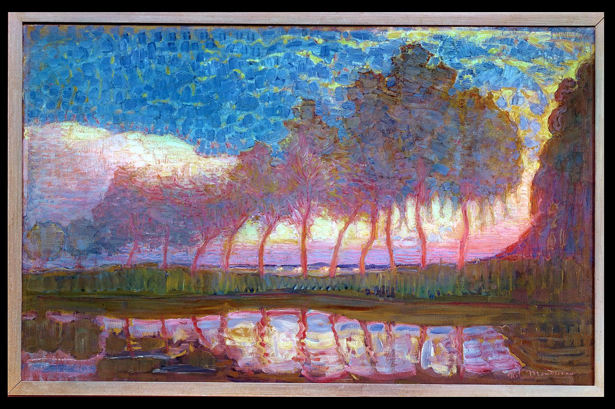 红色，黄色，蓝色和绿色的十一杨树行，1908年 作者 彼得·蒙德里安