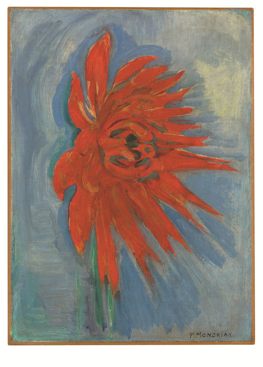 蓝色背景上的红色菊花，约 1909-10 年（布面油画） 作者 彼得·蒙德里安