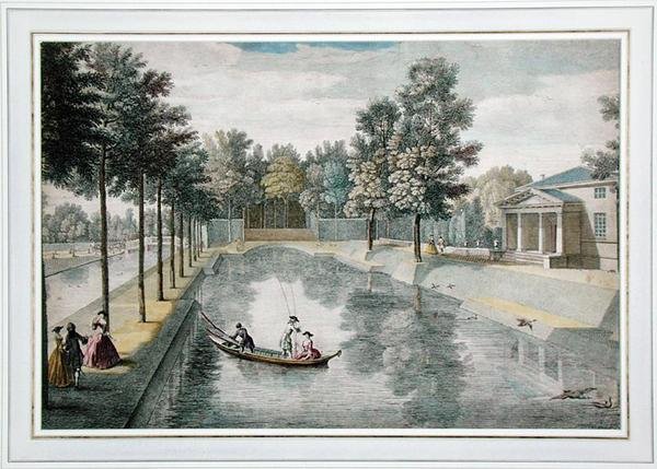 伦敦Chiswick House的水上花园，c.1728-30（彩色雕刻）（另见18868,176475） 作者 彼得·安德里亚斯（Riesbrack）之后