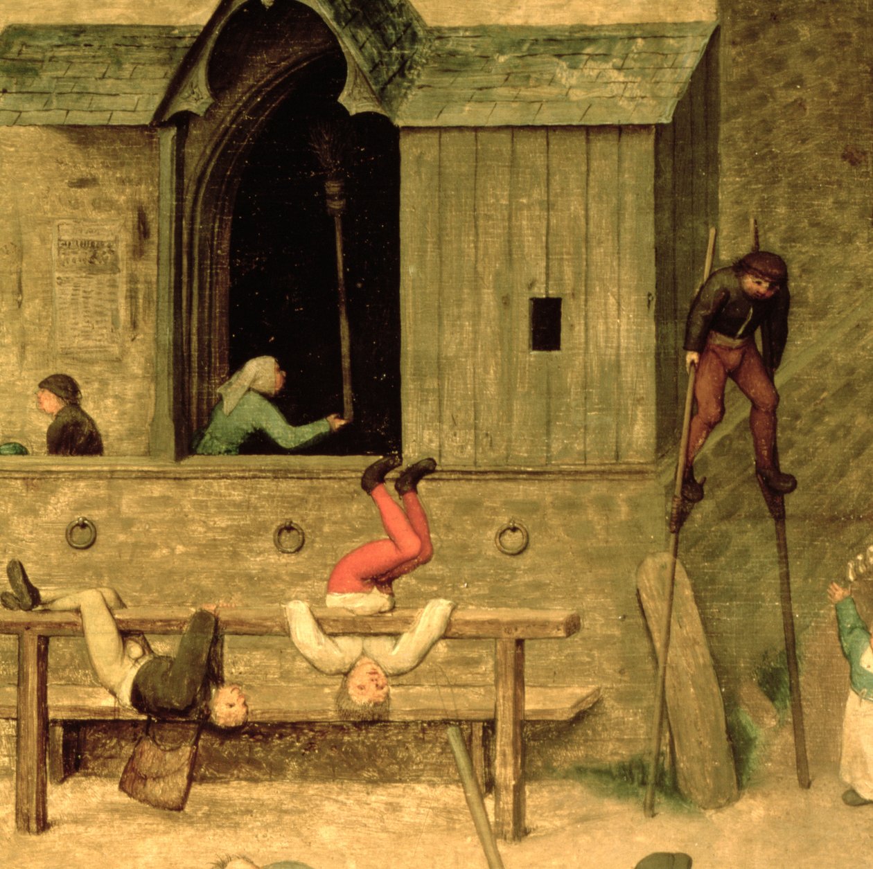 儿童游戏（Kinderspiele）：一个男孩在高跷和孩子们玩股票的细节，1560（68945的细节） 作者 彼得·布鲁格（Pieter Bruegel）