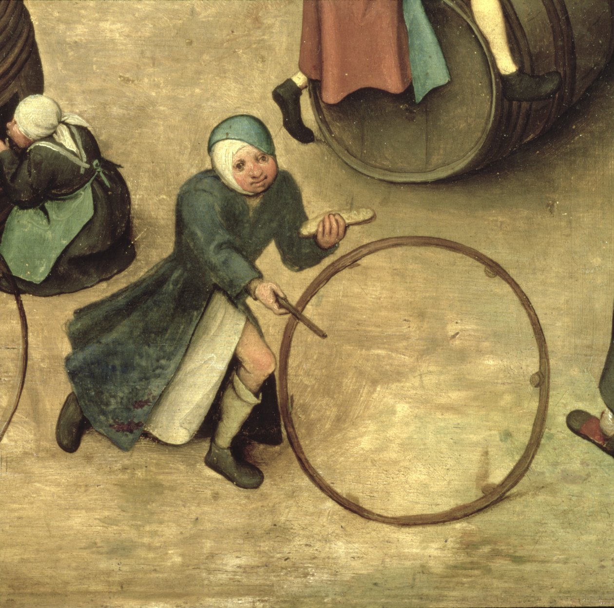 儿童游戏（Kinderspiele）：一个带棍子和箍的孩子的细节，1560（细节68945） 作者 彼得·布鲁格（Pieter Bruegel）