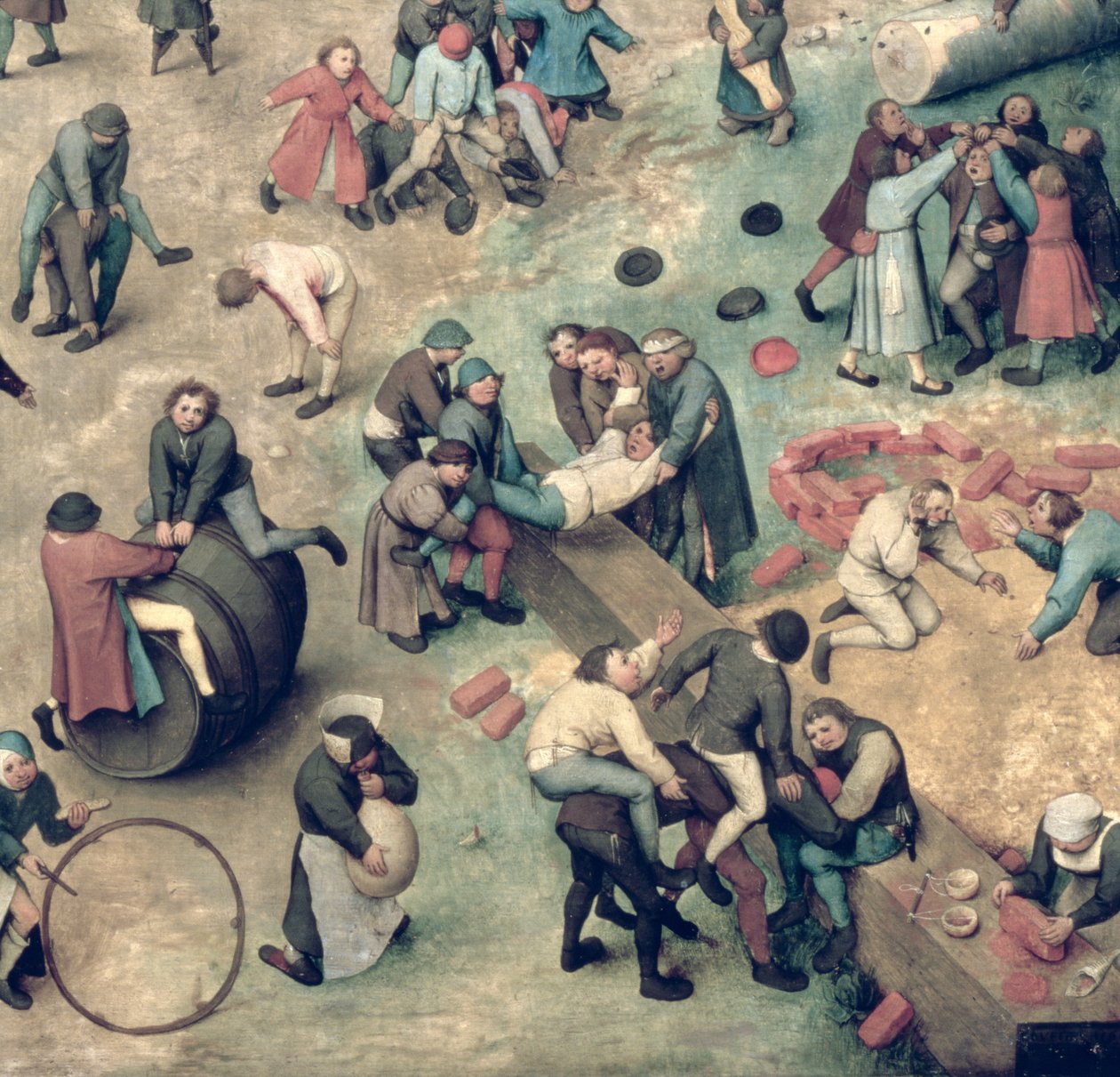 儿童游戏（Kinderspiele）：右下角的细节描绘儿童玩砖，箍和桶，1560（细节68945） 作者 彼得·布鲁格（Pieter Bruegel）