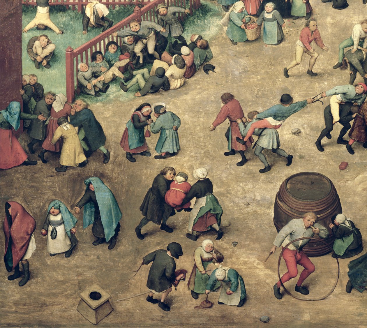 儿童游戏（Kinderspiele）：左手部分详细显示儿童保龄球，做倒立，玩爱好马和其他游戏，1560（细节68945） 作者 彼得·布鲁格（Pieter Bruegel）
