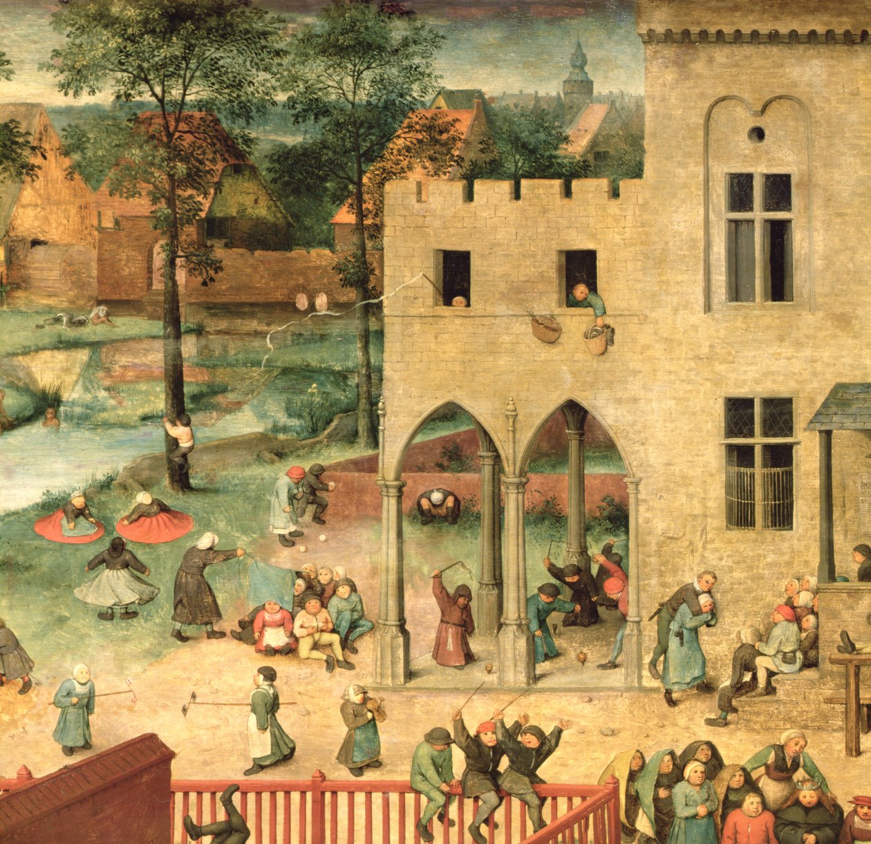 儿童游戏（Kinderspiele）：显示儿童陀螺和玩碗的左上角细节，1560（细节68945） 作者 彼得·布鲁格（Pieter Bruegel）