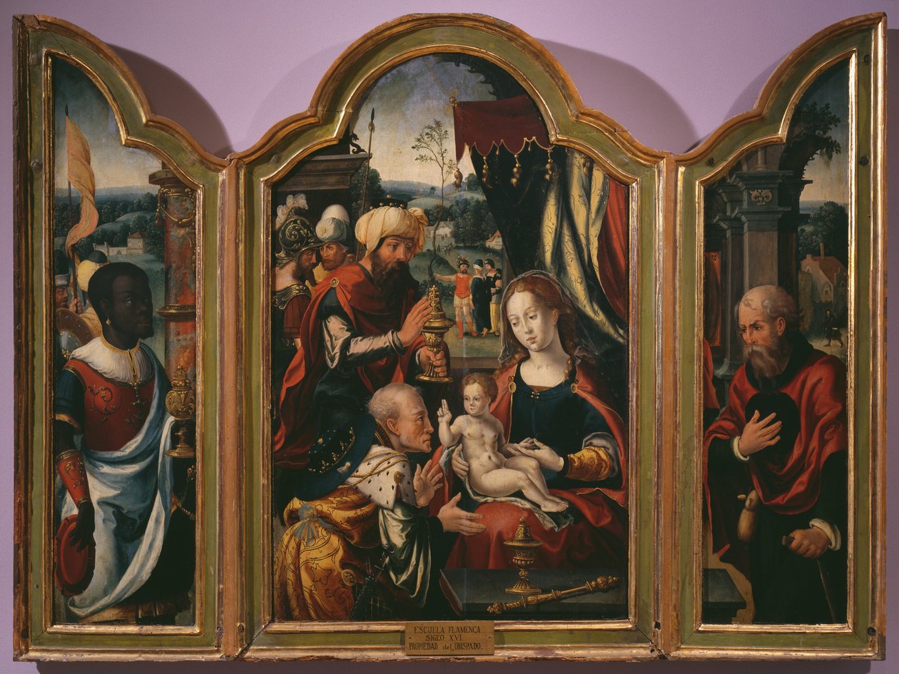 对Magi的崇拜，Epiphany Triptych，c.1540（另见345853） 作者 彼得·科克·范·阿尔斯特