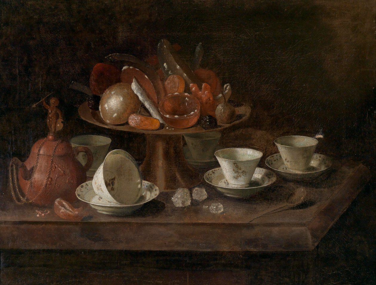 与巧克力杯子和tazza的静物画与甜点 作者 彼得·格里兹（Pieter Gerritsz）。范·罗斯特兰