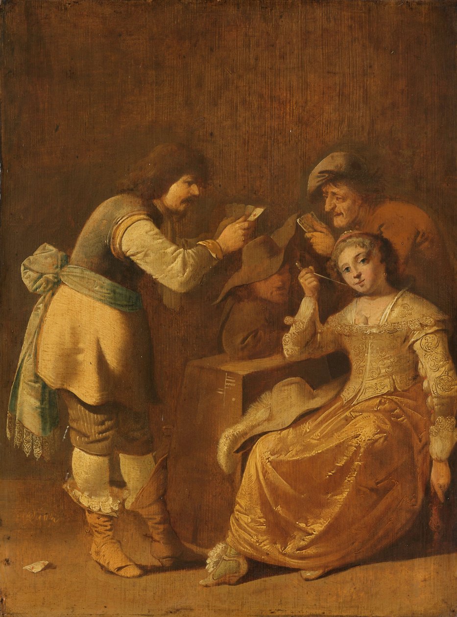 与抽烟斗的妇女的卡片球员，1630-47 作者 彼得·詹斯（Pieter Jansz）。流苏