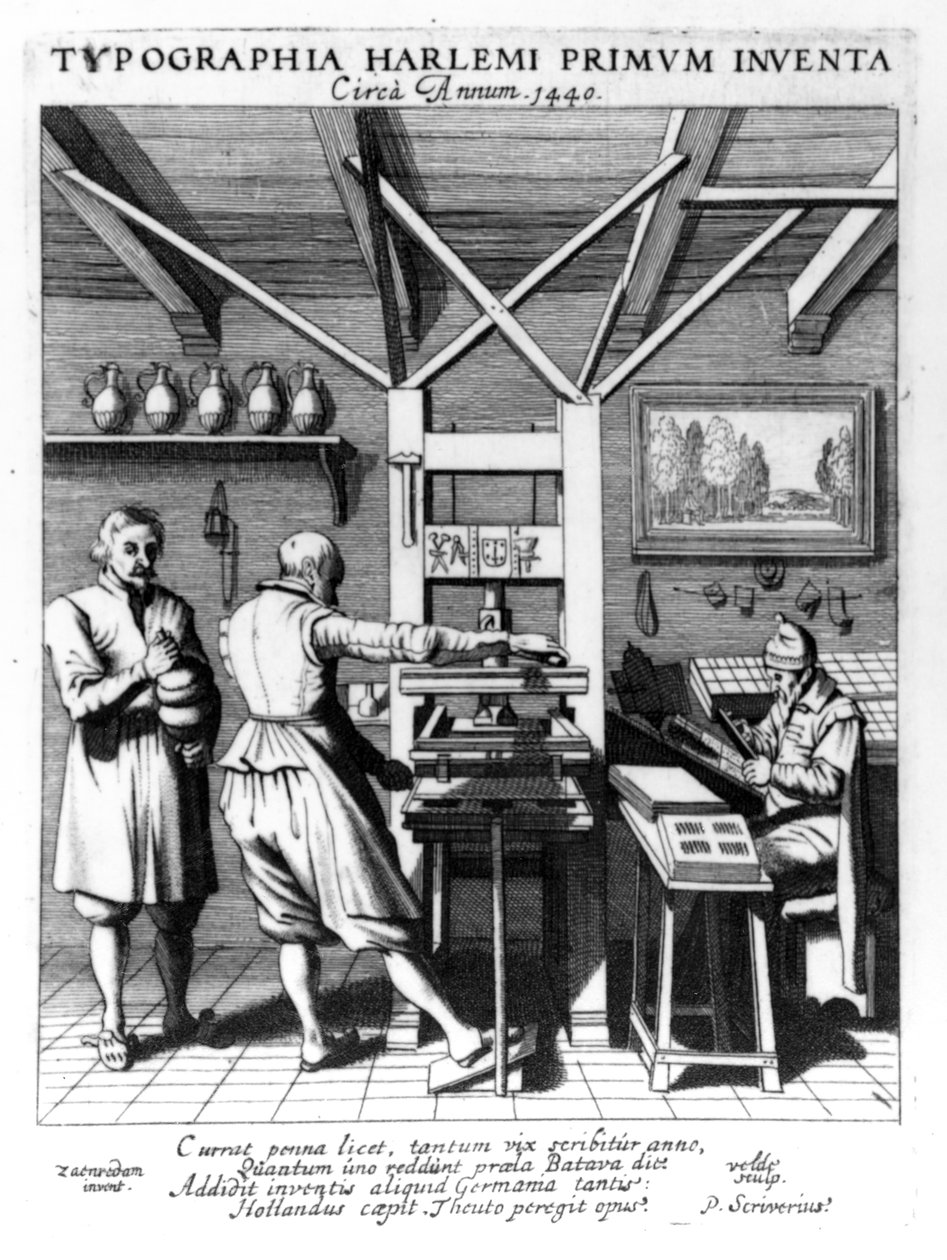 Laurens Janszoon Koster的装订，由J. van der Velde雕刻，出版于Laurens Coster van Haelrem的Laure-crans，Berste Vinder vande Boeck-druckery，作者：Petrus Scriverius，1628年（engravi） 作者 彼得·詹森（Pieter Janszoon Saenredam）