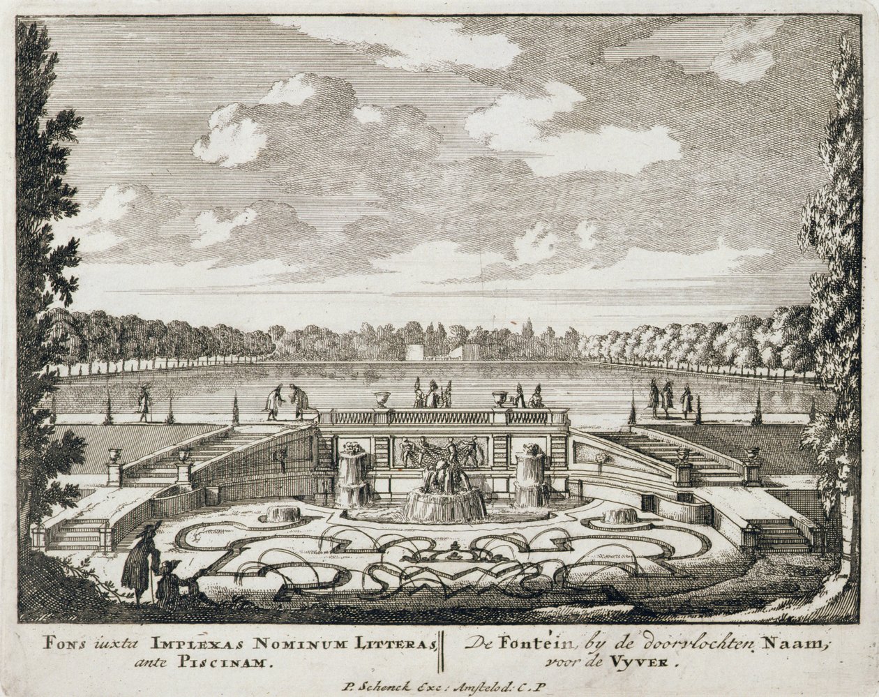 喷泉和水射流在荷兰的正式花园中，来自&39;Admirandorum Quadruplex Spectaculum&39;，Jan van Call（1656-1703），于1715年前出版 作者 彼得·申克