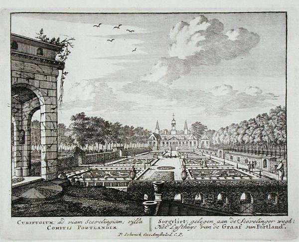 Sorgvliet的房子和花园，Hans Willem Bentinck（1649-1709）的所在地，波特兰的第一伯爵，来自Admirandorum Quadruplex Spectaculum，Jan van Call（1656-1703），1715年之前出版（engravi 作者 彼得·申克