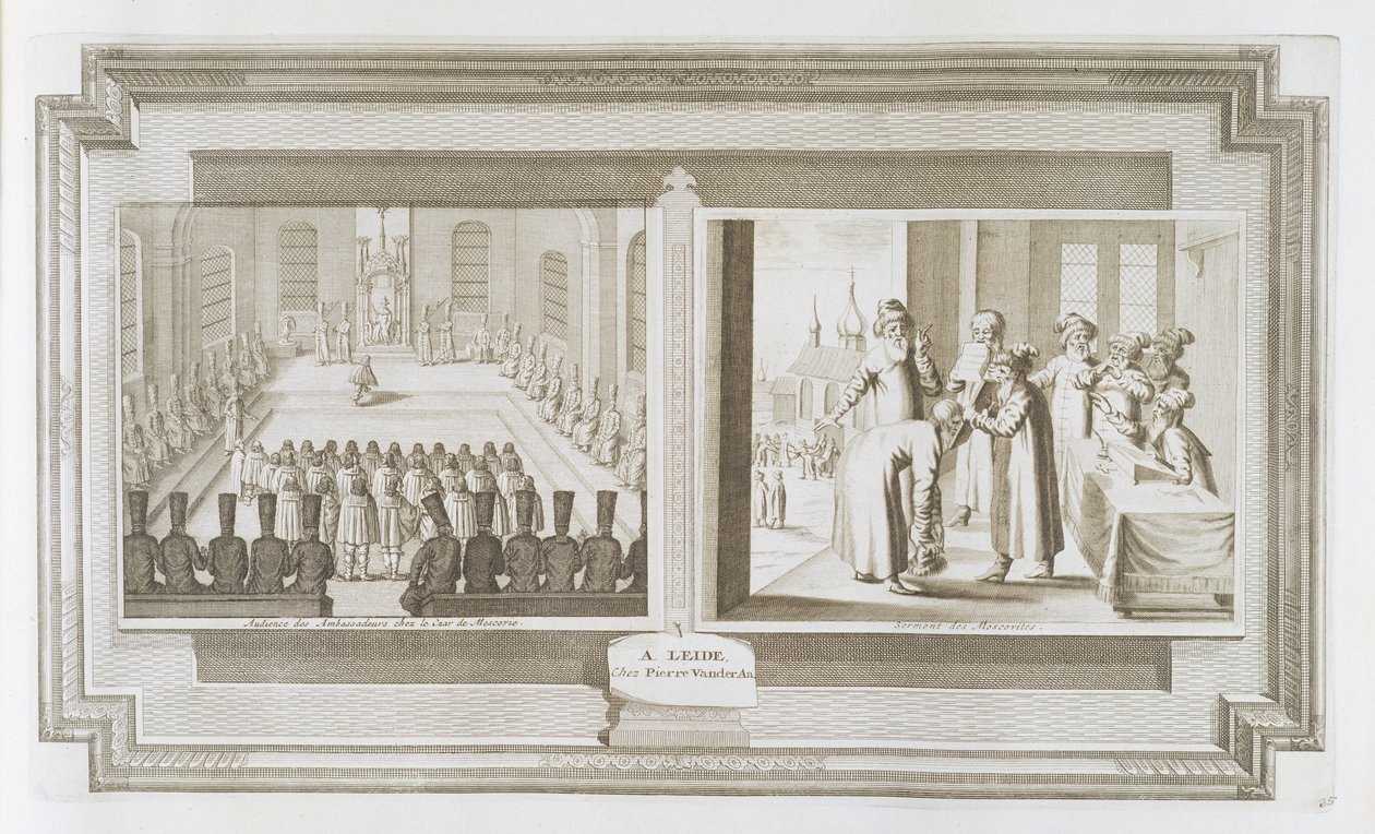 在1729年的“La Galerie Agreable du Monde”中，描绘了与俄罗斯沙皇和莫斯科人宣誓宣誓的大使观众的场面 作者 彼得·范德阿