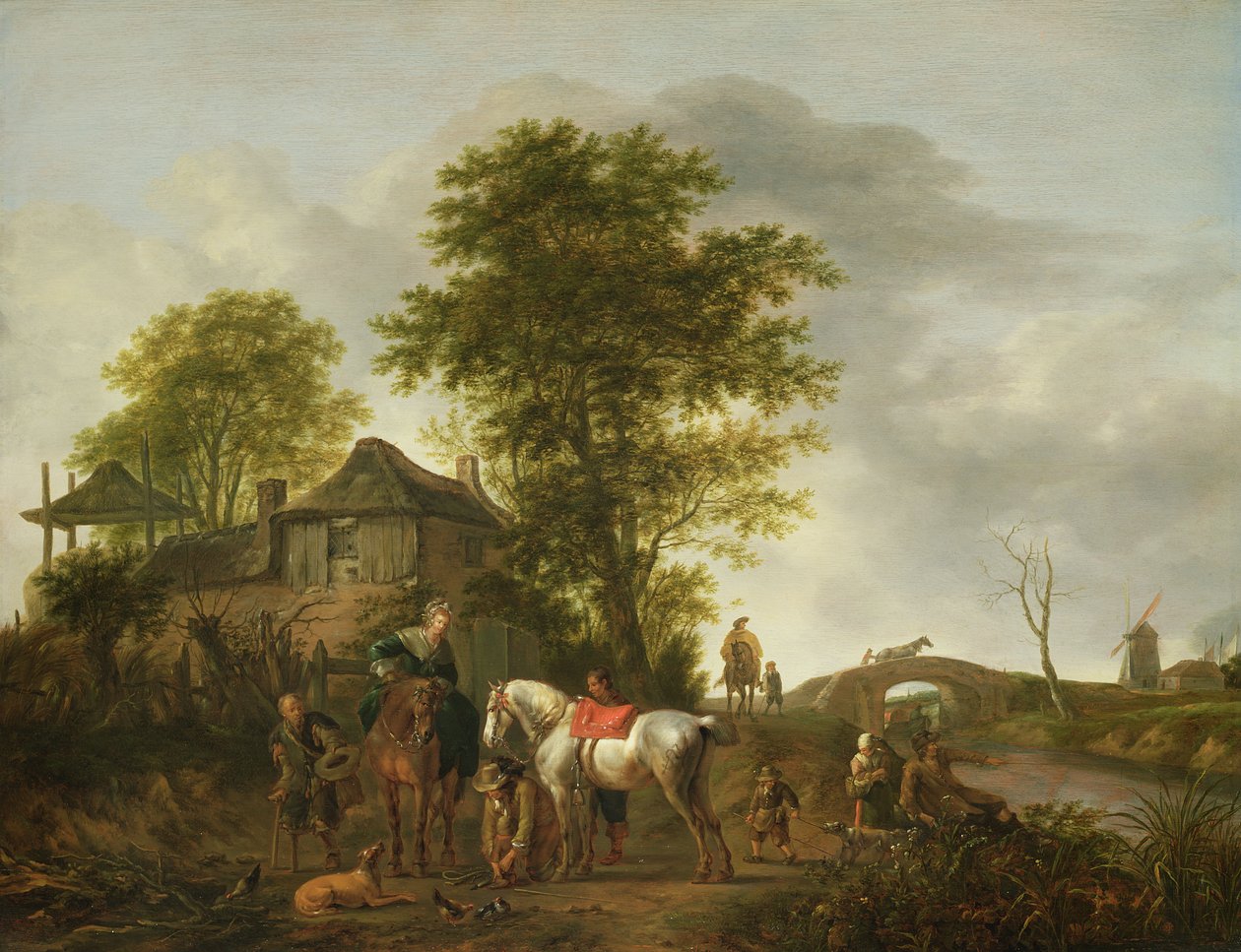 与小屋和骑兵的风景 作者 Pieter Wouwermans或Wouwerman