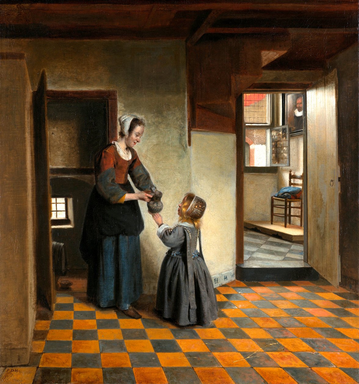 有一个孩子的一名妇女在餐具室 作者 彼得·霍克（Pieter de Hooch）