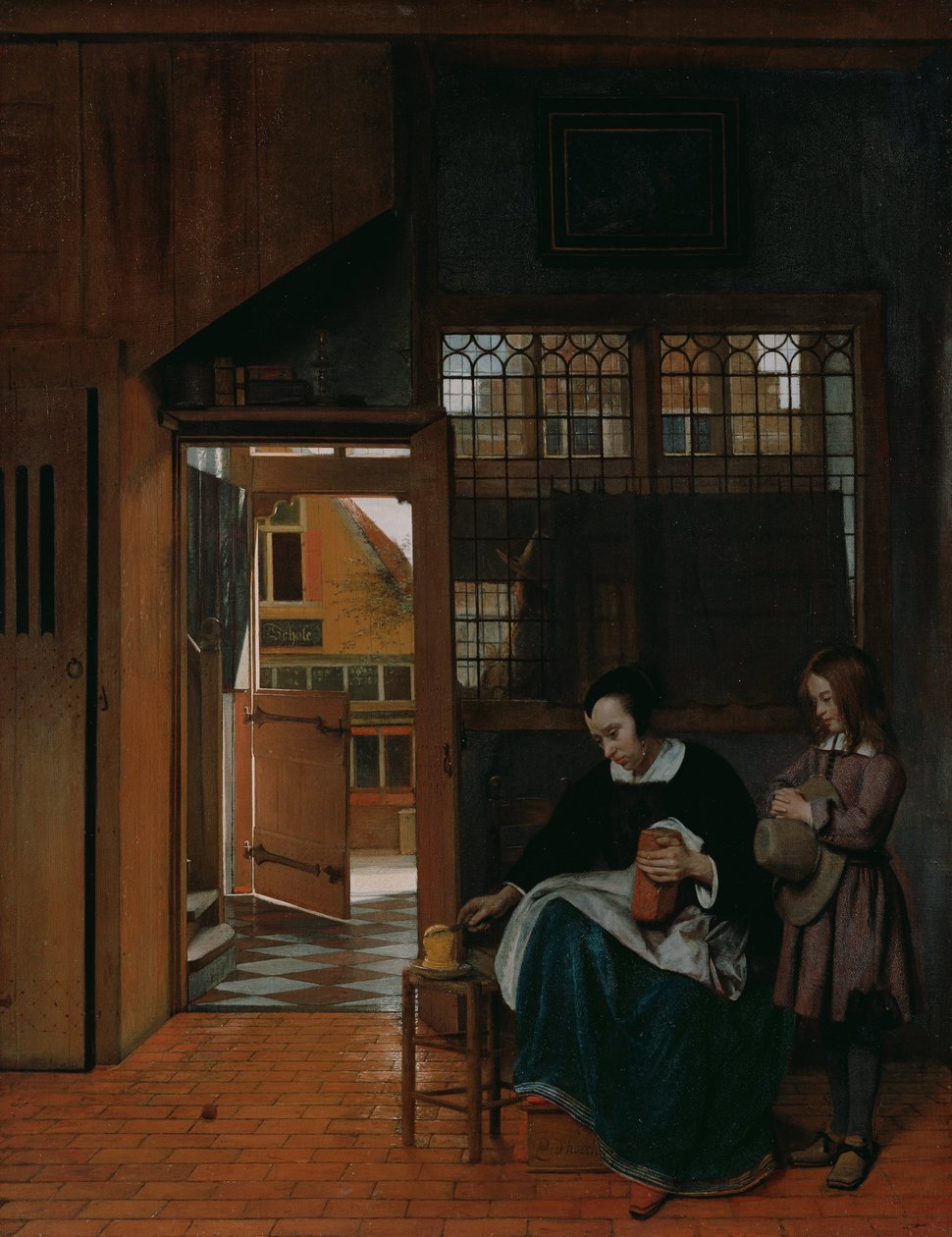 准备面包和黄油的妇女为男孩 作者 彼得·霍克（Pieter de Hooch）